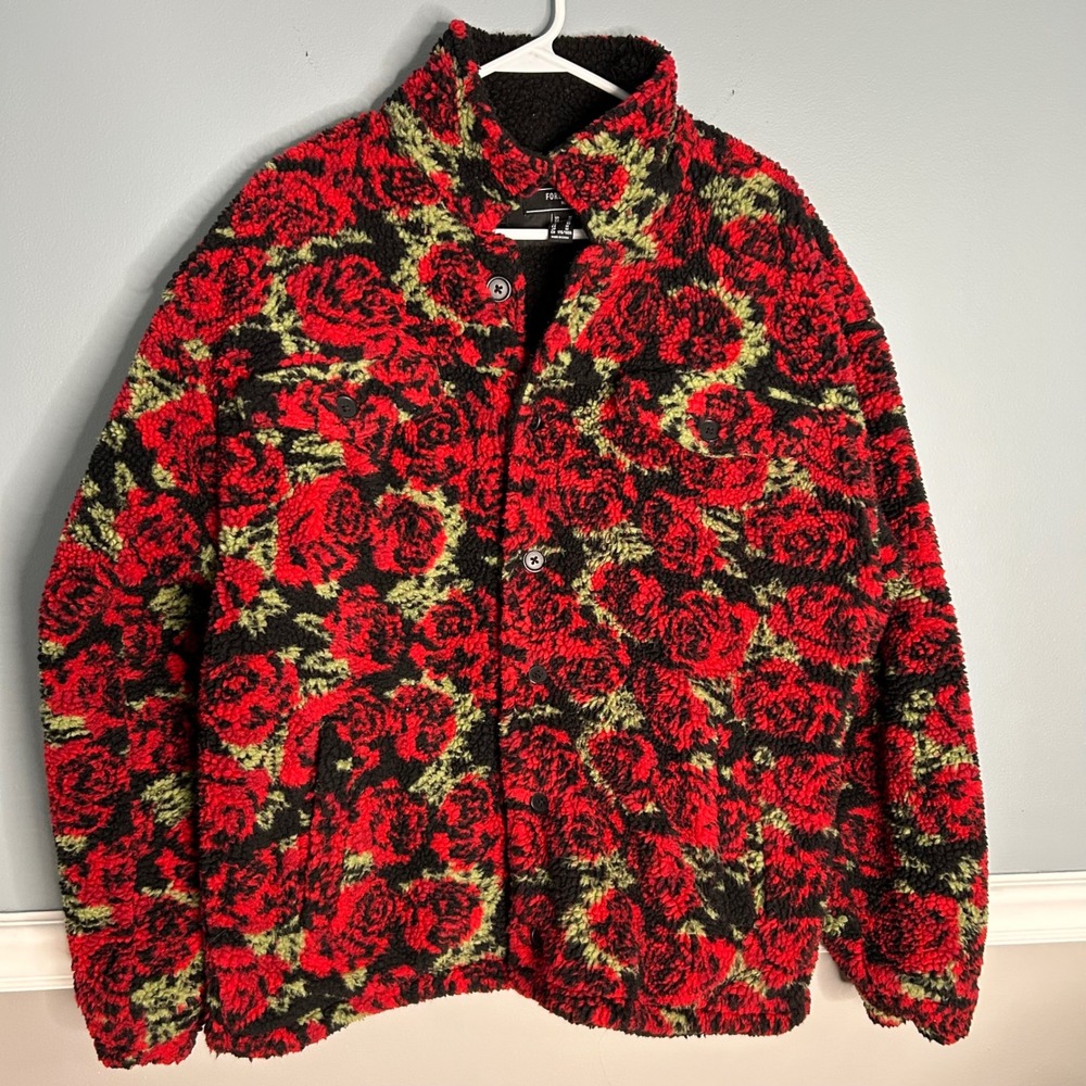 Forever 21 Men Fleece Jacket Red rose Black Floral Print Sherpa Collar Size M